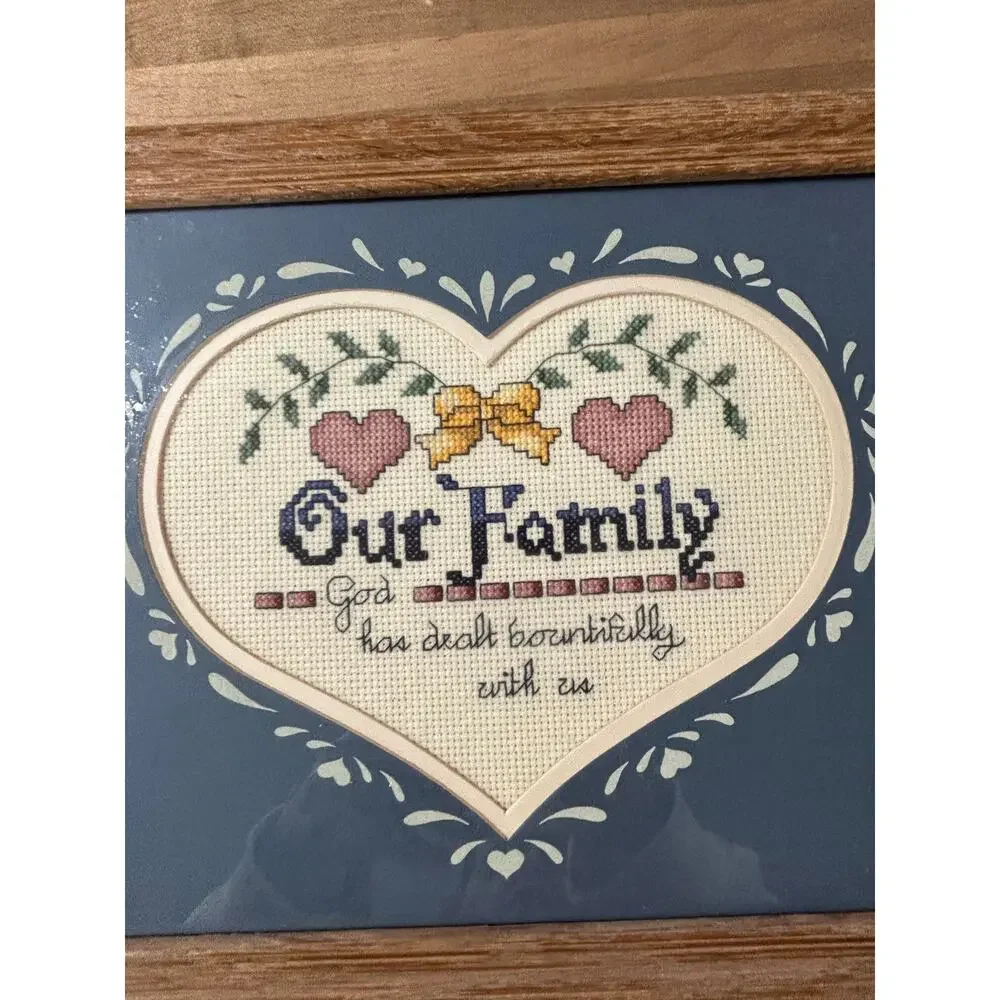 Framed “Our Family” Cross Stitch Sampler Christian Scripture Heart Country Decor